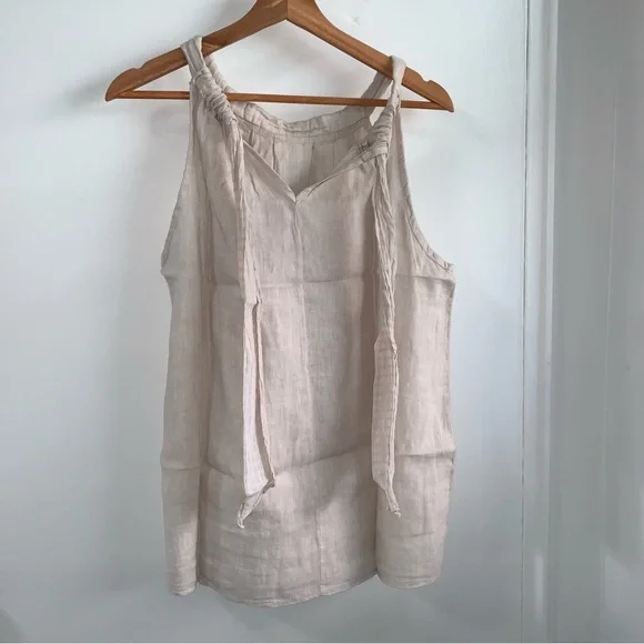 Bellambra-Linen Blouse with Bow tie in back  beige size Large#cotton tank top - Picture 2 of 7